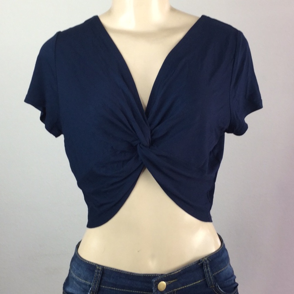 Center of Attention Front Twist Navy Blue Crop Top